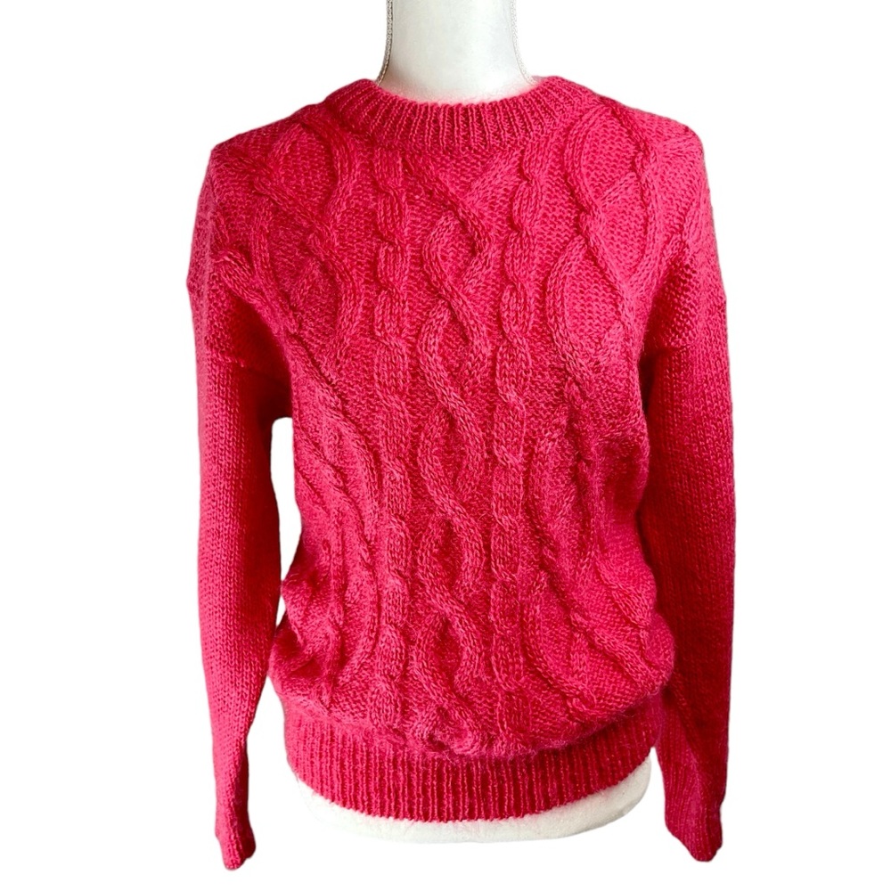 Vintage CRYSTAL Pink Mohair Wool‎ Cable Knit Pullover Sweater Medium Crew Neck